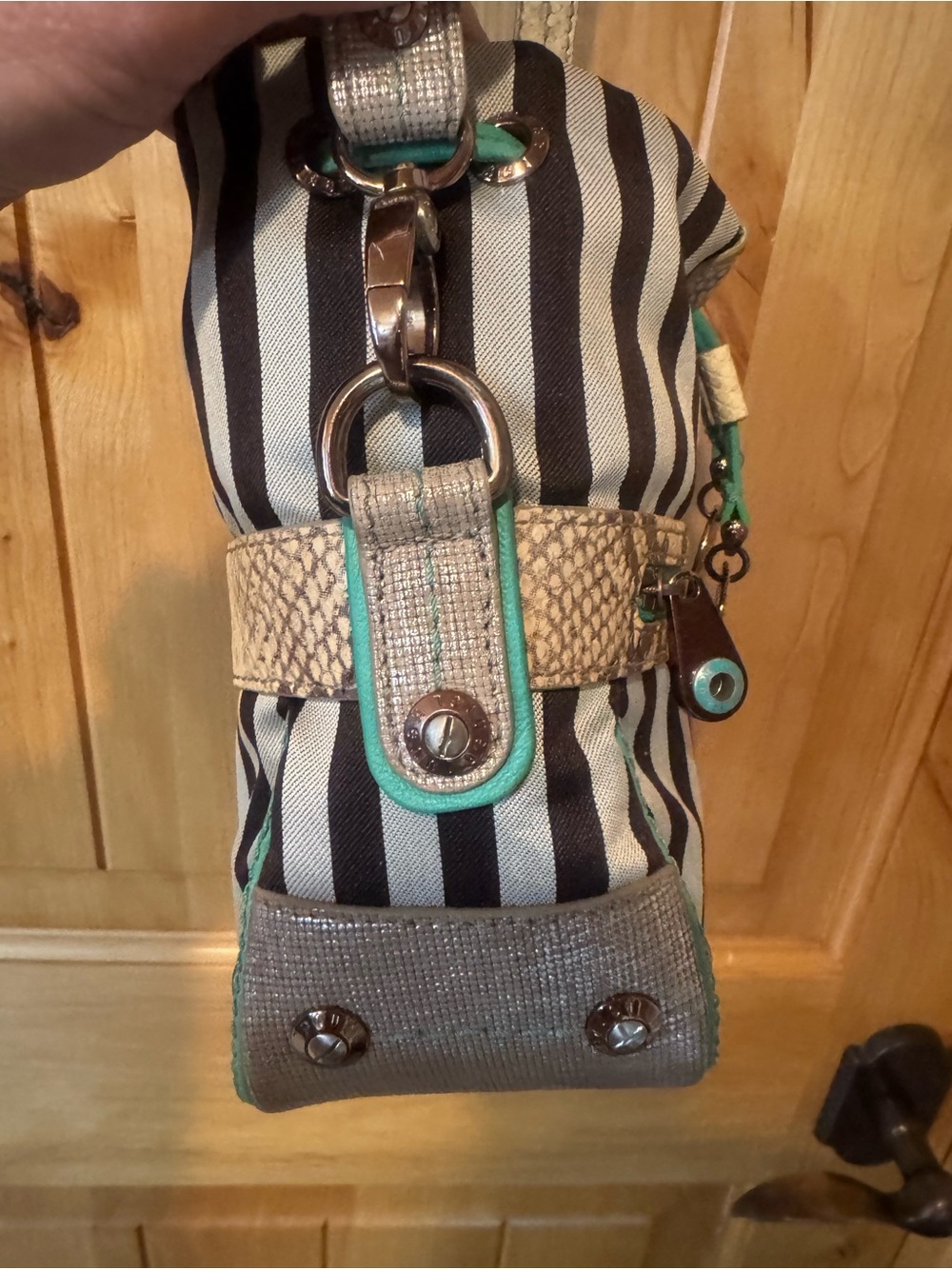 Henri Bendel Black & Silver stripes with Snake accents, turquoise trim Crossbody - Picture 4 of 11
